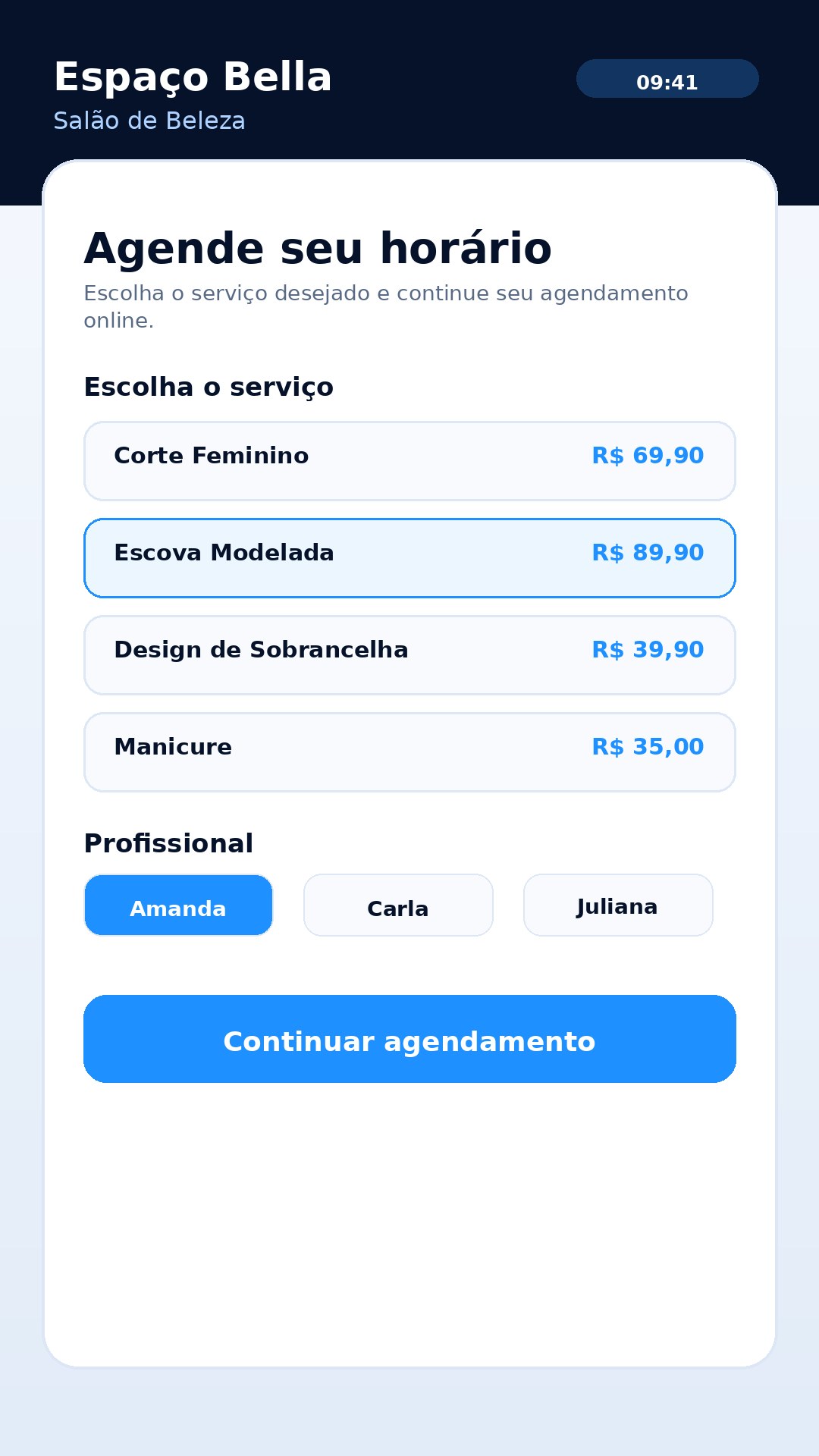 Tela principal de agendamento online