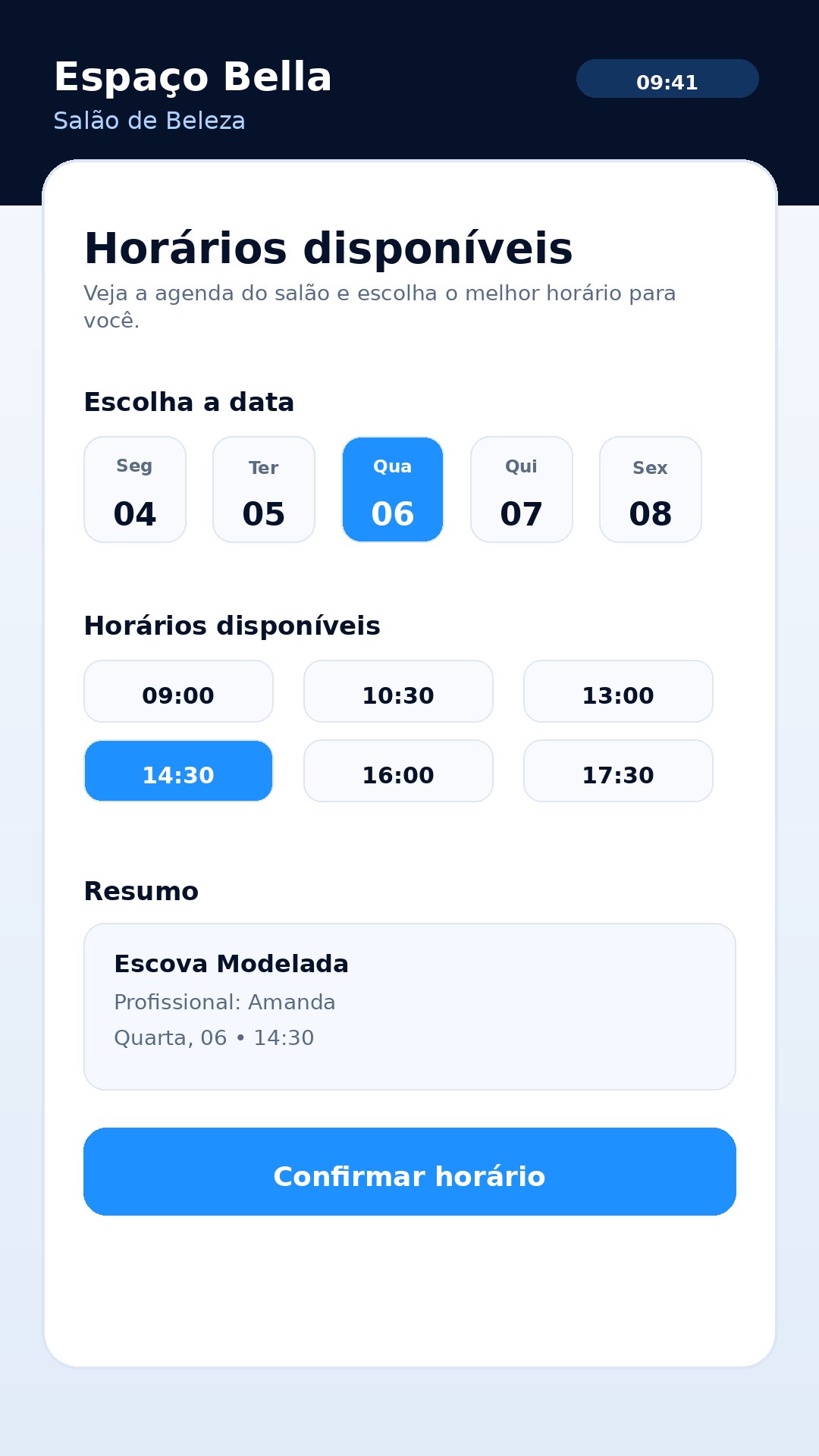 Tela de escolha de horários disponíveis